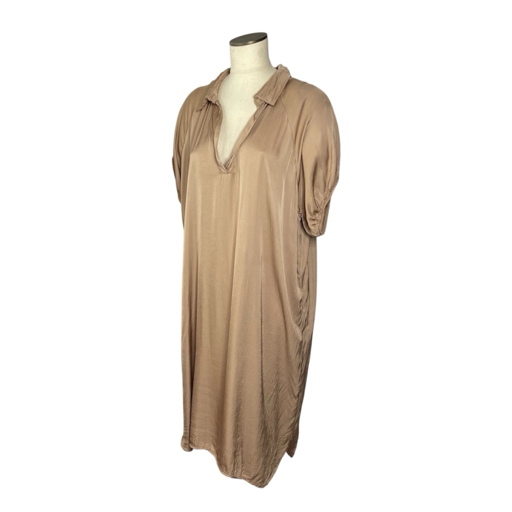 MEO MELI Italy Taupe Satin Polo V-Neck Collar Midi Shift Dress Lagenlook Size L